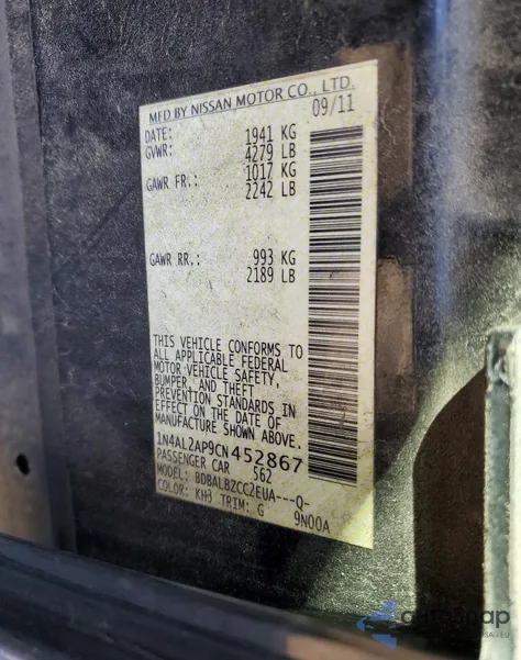 2012 Nissan Altima Base z USA, uszkodzony, nr VIN 1N4AL2AP9CN452867